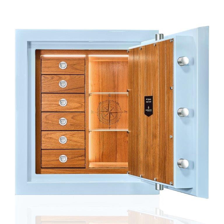 Sejf premium „Róża Wiatrów” – klasa I, wnętrze teak, Aquablue z połyskiem